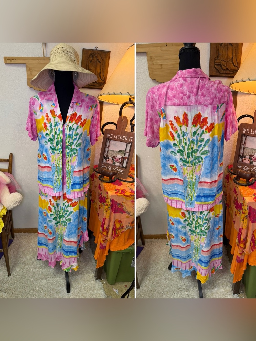 Vintage Jams World Kiyoshi Roses Set Rayon Floral Colorful Tropical Resort M/L